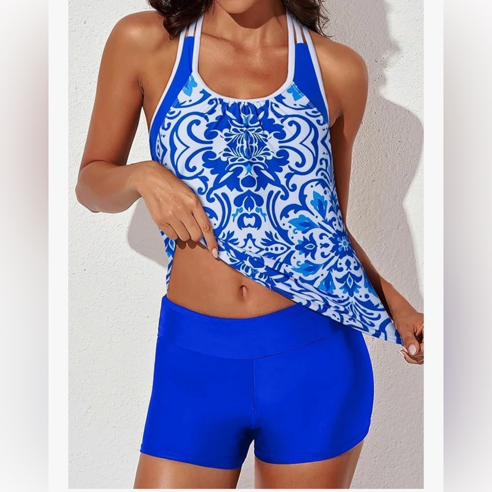 Blue Patterned Tankini Set Large - Picture 2 of 7